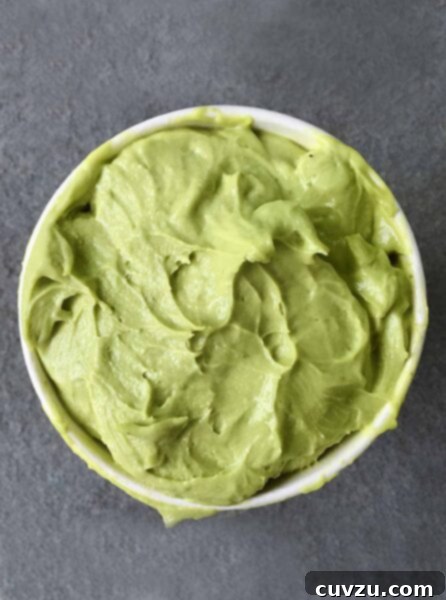 Velvet Avocado Sorbet 4 A container of green avocado sorbet on a slate surface.