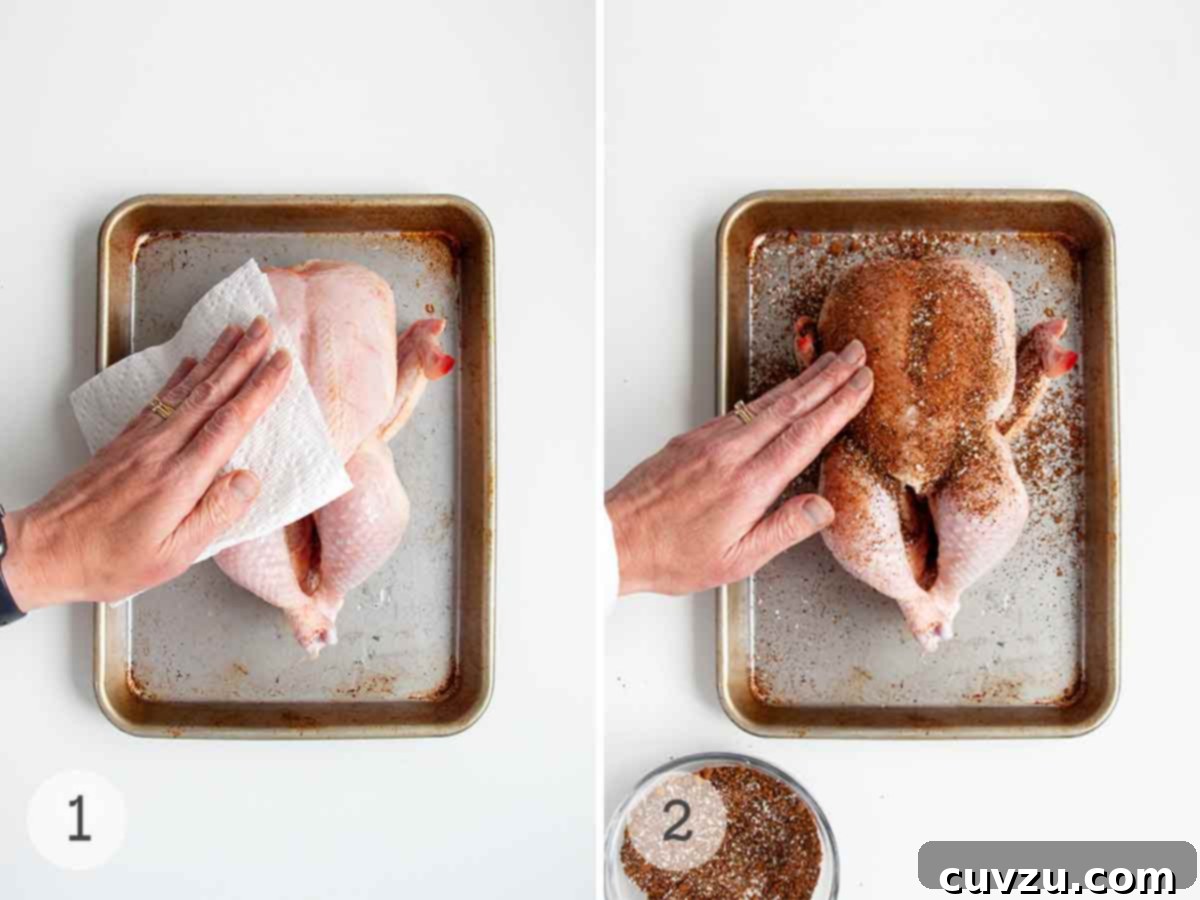 Smoky Chicken Perfection 3 A person patting a chicken dry with paper towel and a person rubbing a whole chicken with spice blend.