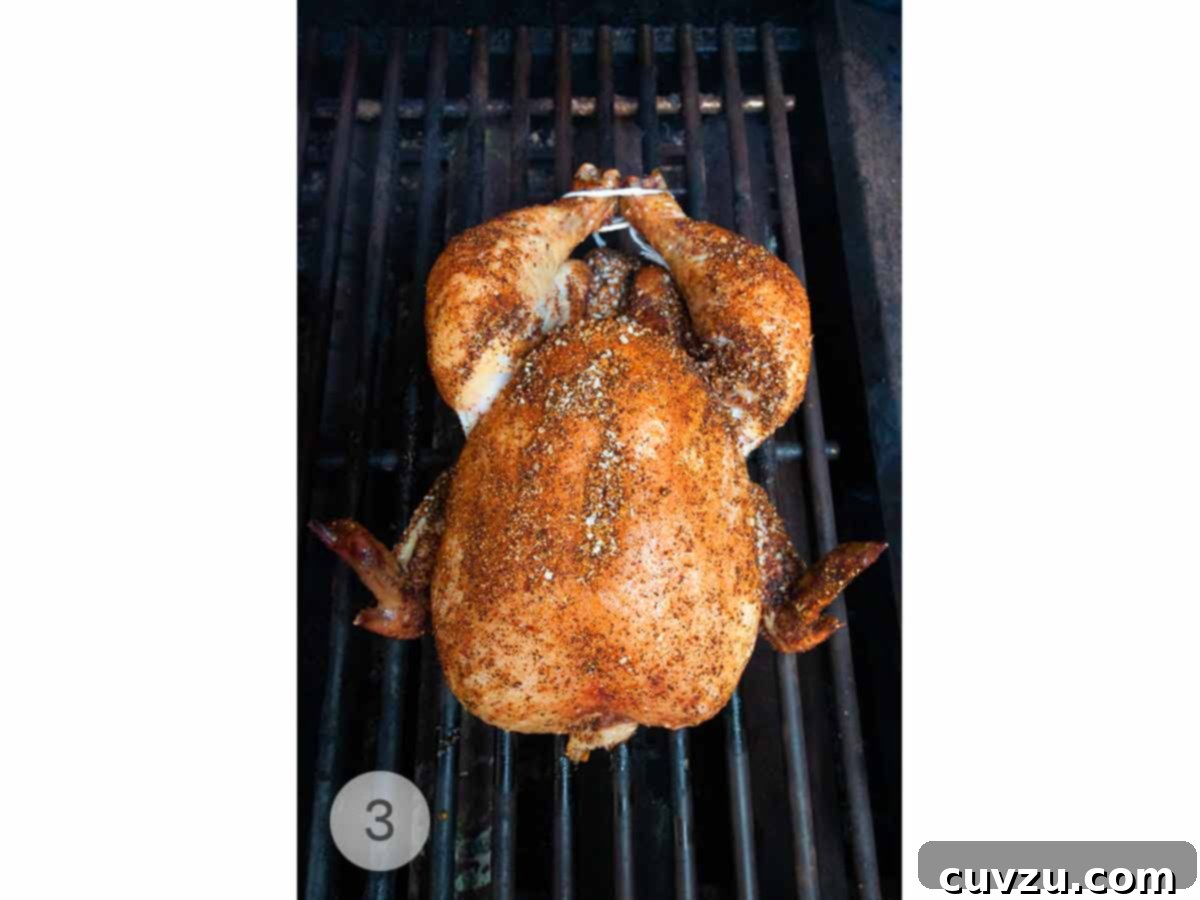 Smoky Chicken Perfection 4 A spice-rubbed whole chicken being smoked on a grill.