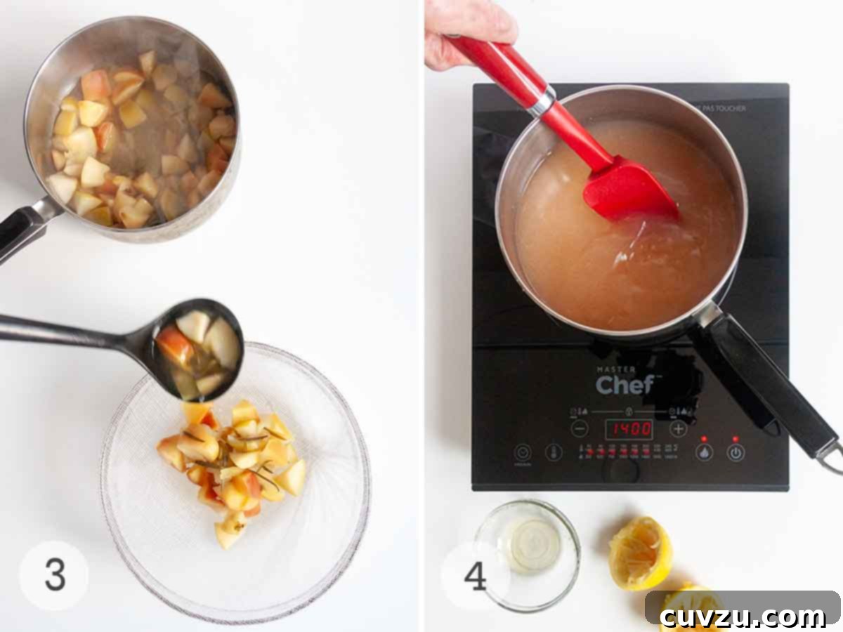 Orchard's Golden Jelly 7 The apple mixture is carefully strained through cheesecloth into a large bowl, followed by a pot of apple jelly gently boiling on the stove, showcasing the next two crucial steps.