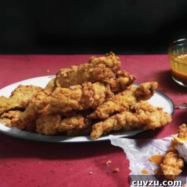 Crispy Homemade Chicken Strips 3 Homemade chicken strips piled on a white plate with dishes of barbecue sauce and ranch nearby.