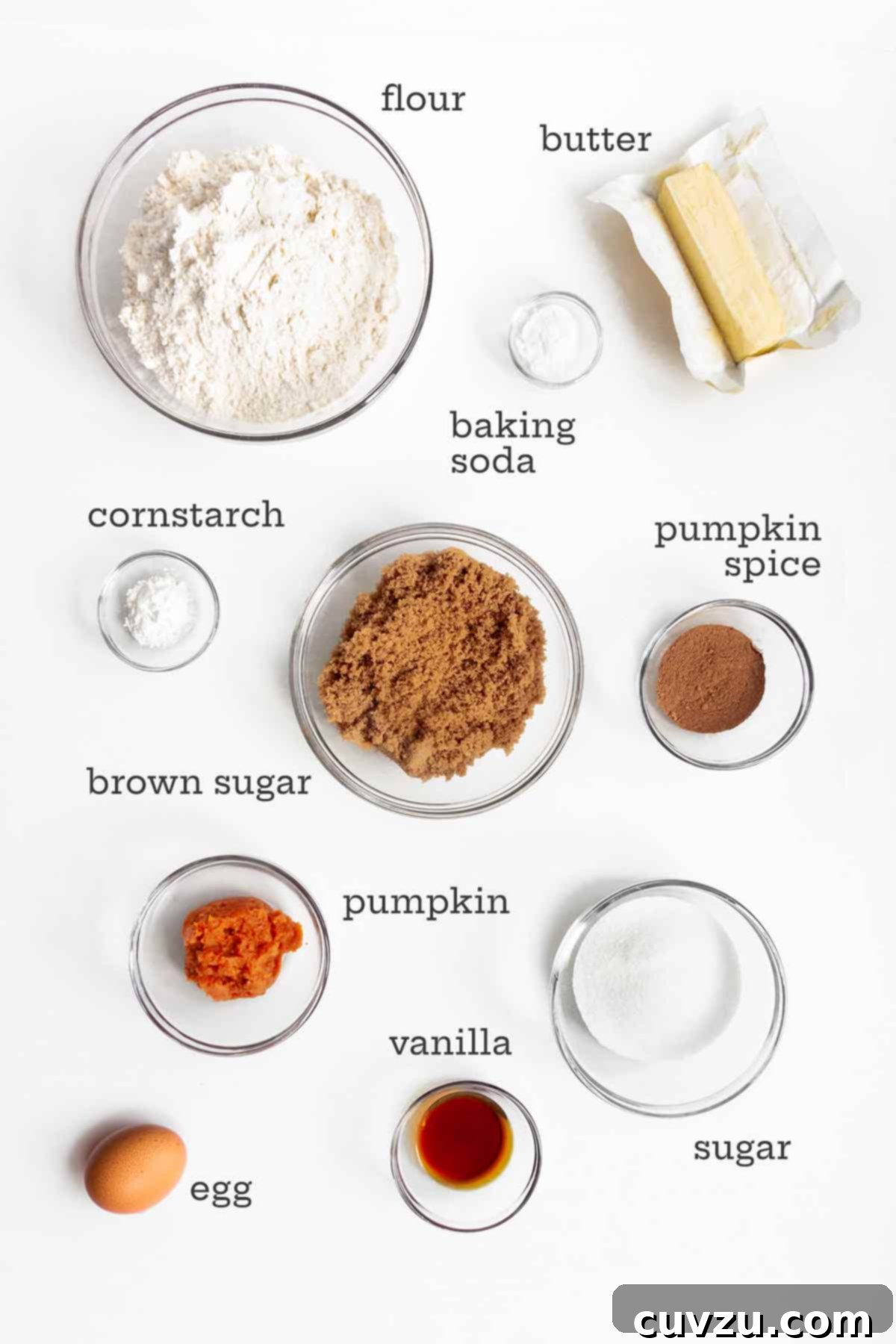 Golden Harvest Spice Cookies 4 Ingredients for pumpkin spice cookies--pumpkin, spices, sugar, flour, butter, egg, baking soda, and cornstarch.