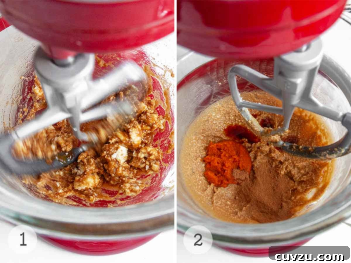 Golden Harvest Spice Cookies 5 Batter for pumpkin spice cookies being mixed in a stand mixer.