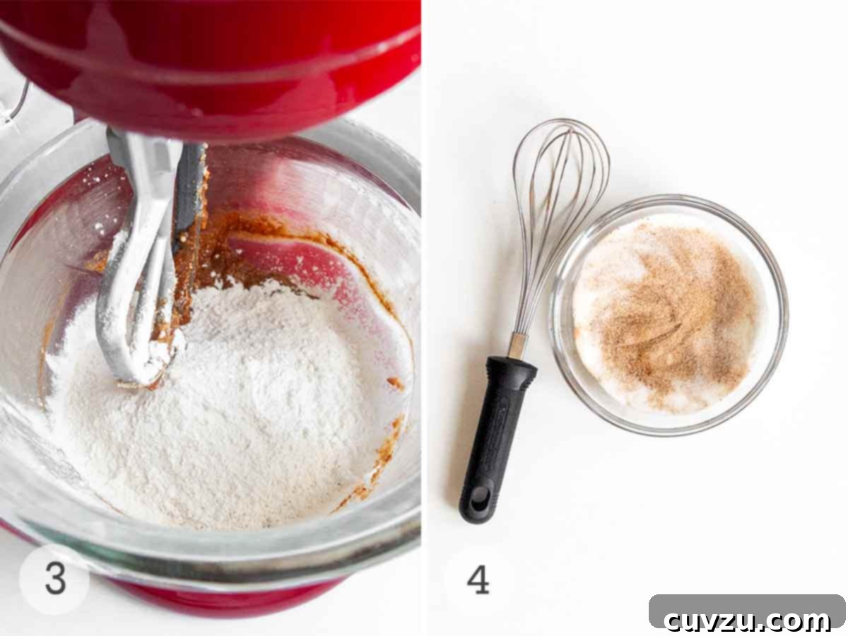 Golden Harvest Spice Cookies 6 Flour added to pumpkin spice cookie batter in a mixer and spiced sugar in a bowl with a whisk beside it.