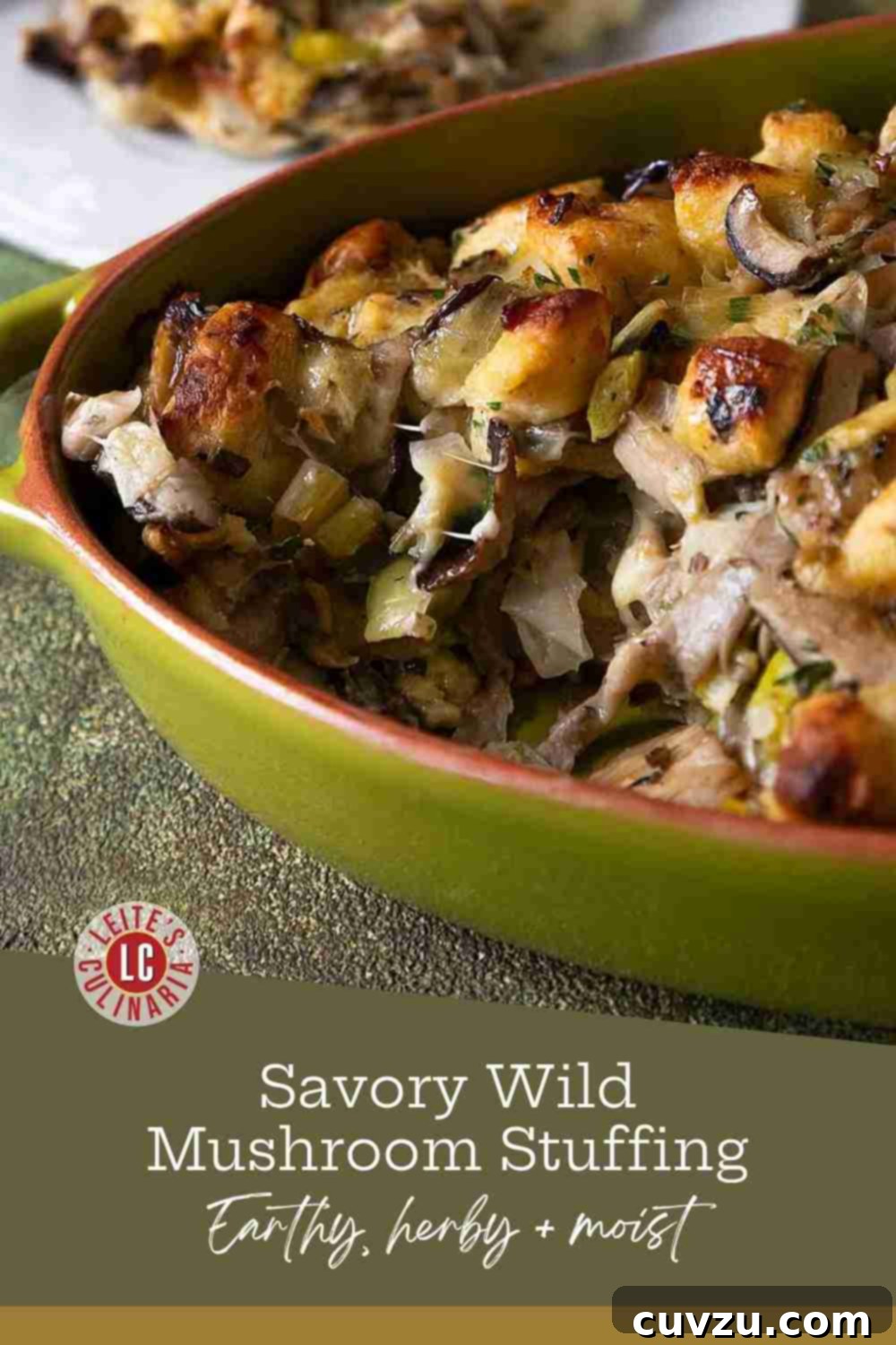 Wild mushroom and brioche stuffing garnished with fresh parsley, presented beautifully for serving.