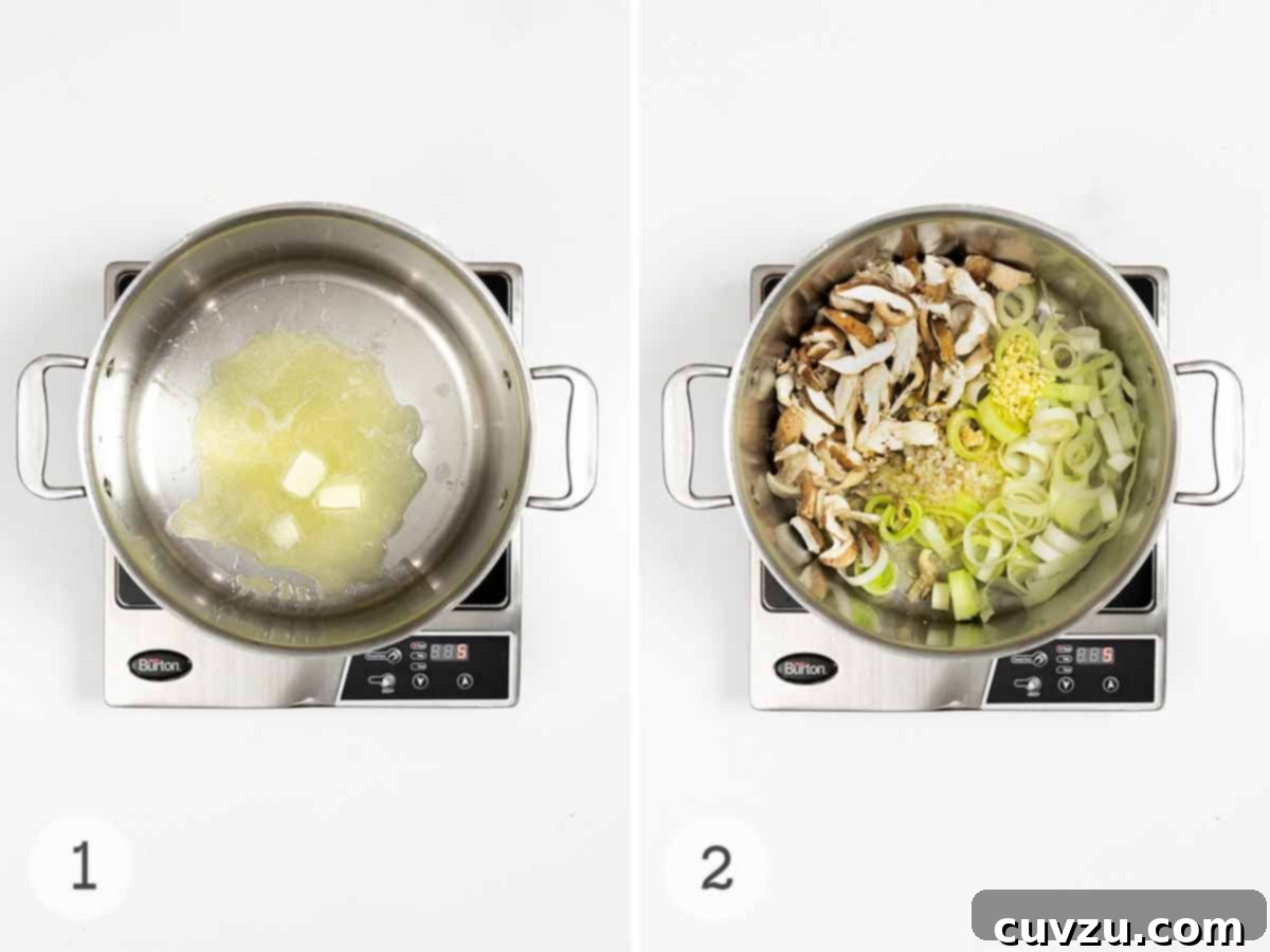 Butter melting in a pot, followed by the addition of mushrooms, leek, and garlic.