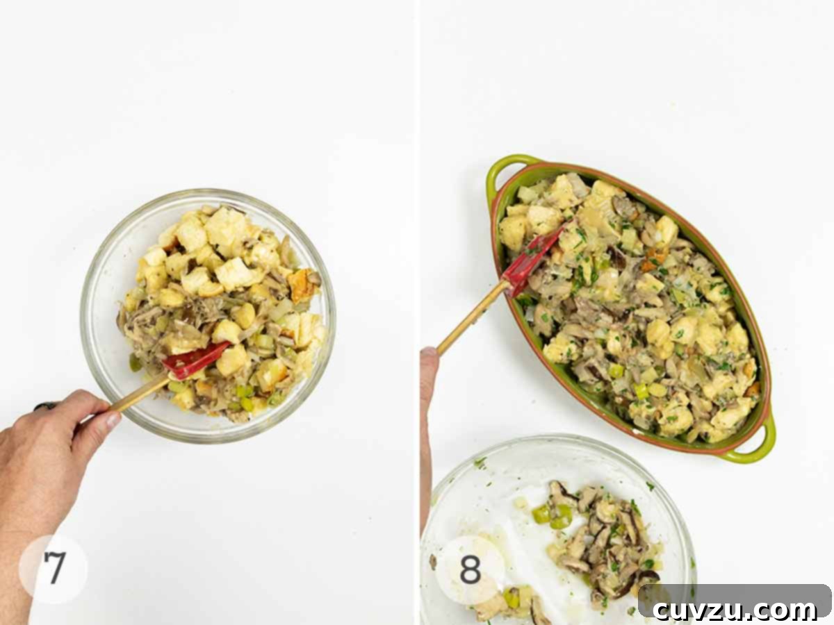 A person mixing wild mushroom stuffing in a bowl, then transferring it to a casserole dish for baking.