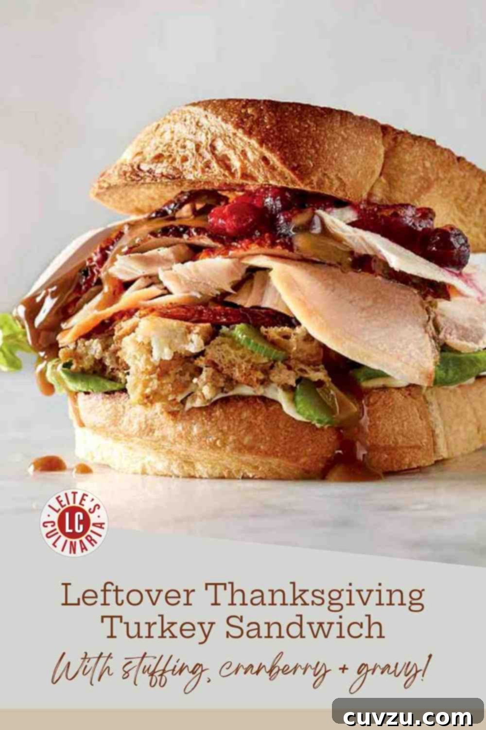Ultimate Thanksgiving Sandwich 3 A turkey, cranberry, and stuffing sandwich with warm gravy drizzled over the savory filling, ready to be enjoyed.