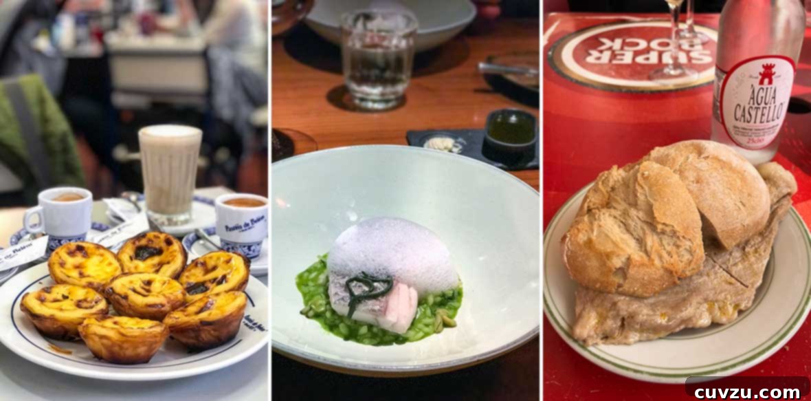 Lisbon's Golden Homecoming 3 A triptych of Lisbon's culinary delights, featuring golden Pastéis de Nata, elegantly plated haute cuisine, and a savory bifana sandwich.