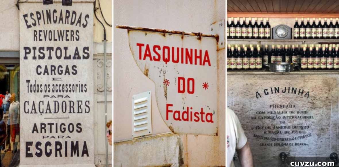 Lisbon's Golden Homecoming 6 A curated trio of vintage Lisbon: a 19th-century pistol advertisement, a rustic sign for a 'tasquinha' (small tavern), and the iconic A Ginjinha cherry liqueur stall.