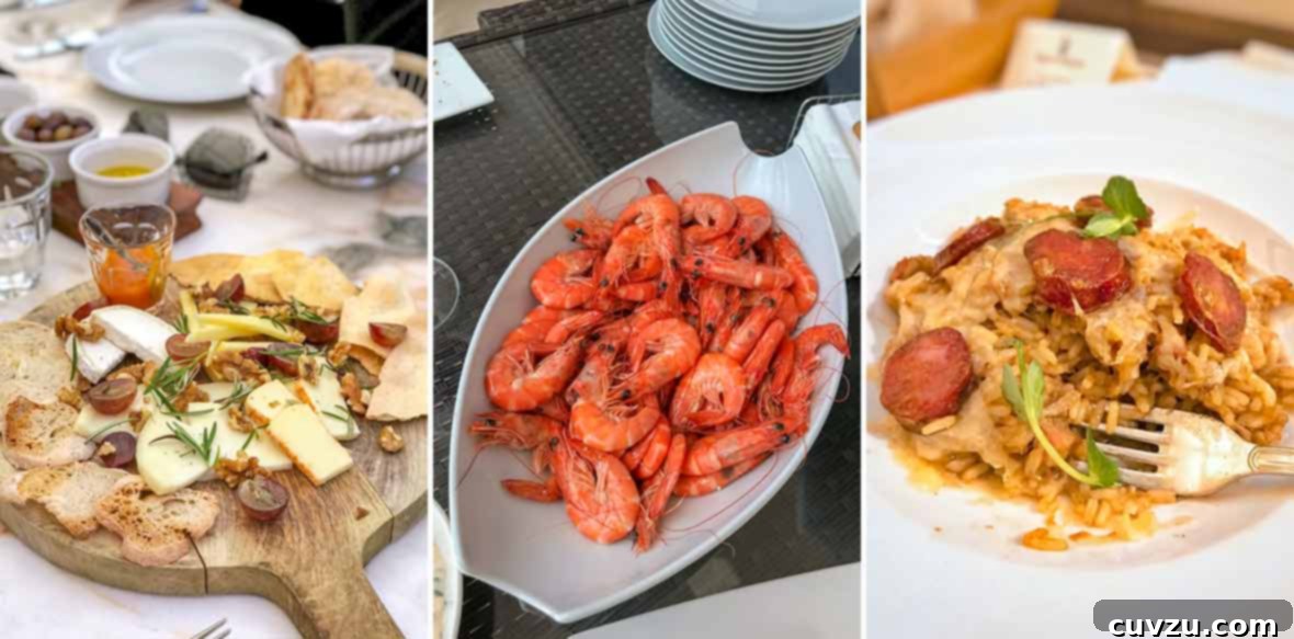 Lisbon's Golden Homecoming 7 A selection of traditional Portuguese cheeses, succulent steamed shrimp in their shells, and a rich chouriço risotto, showcasing the country's diverse flavors.