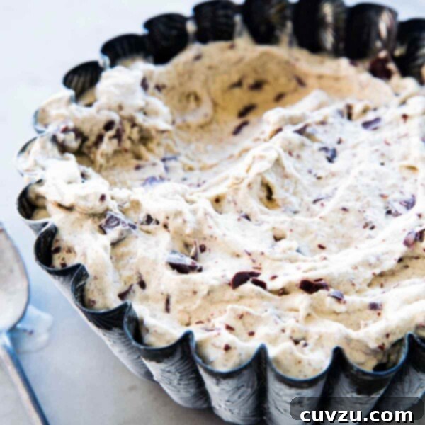 A close-up of a serving of roasted banana ice cream in a scalloped bowl, showcasing the rich caramel color and chocolate bits.