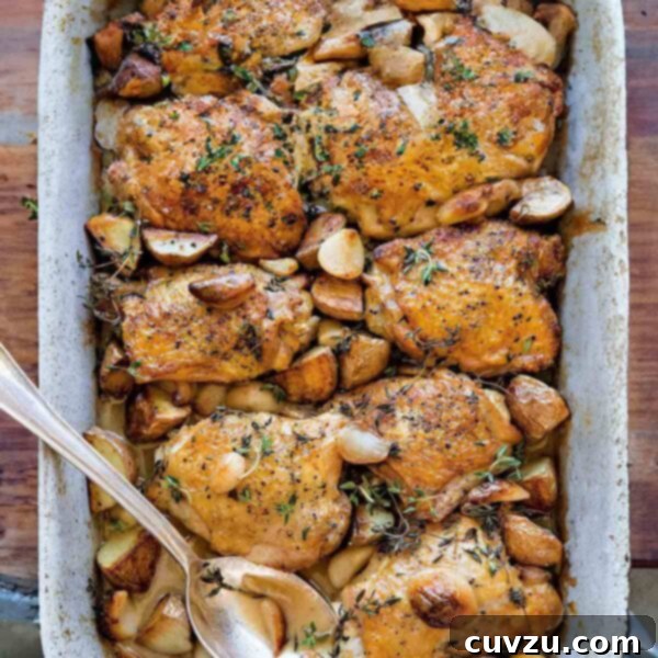 A roasting pan filled with chicken thighs, cloves of caramelized garlic, and sprigs of fresh thyme.