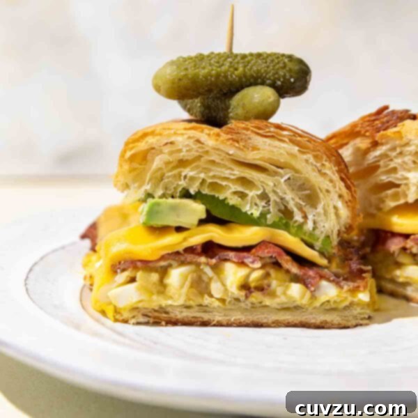 Egg Salad Reinvented 10 A halved croissant sandwich with egg salad, bacon, cheese, avocado, and small pickles on a white plate.