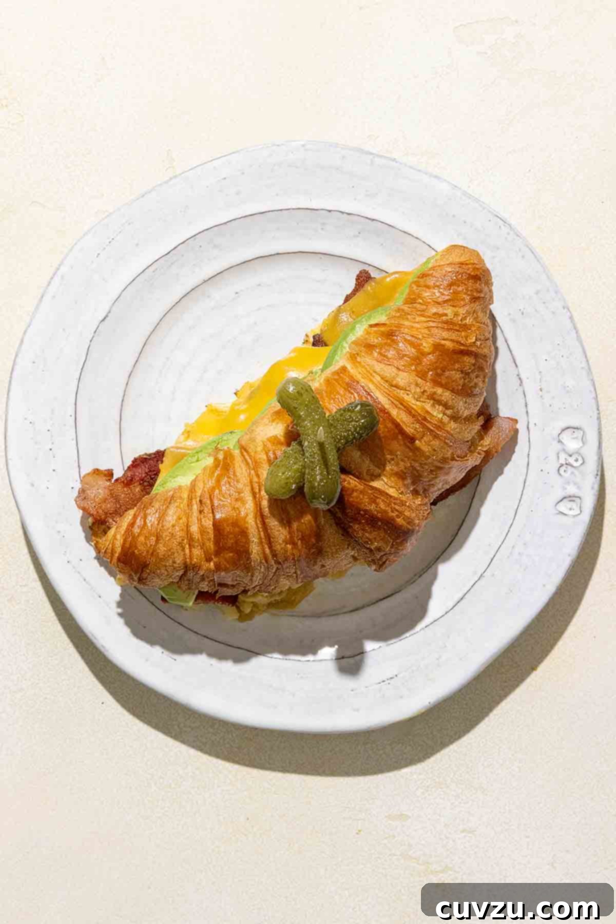Egg Salad Reinvented 9 A croissant sandwich topped with two baby pickles on a white plate.