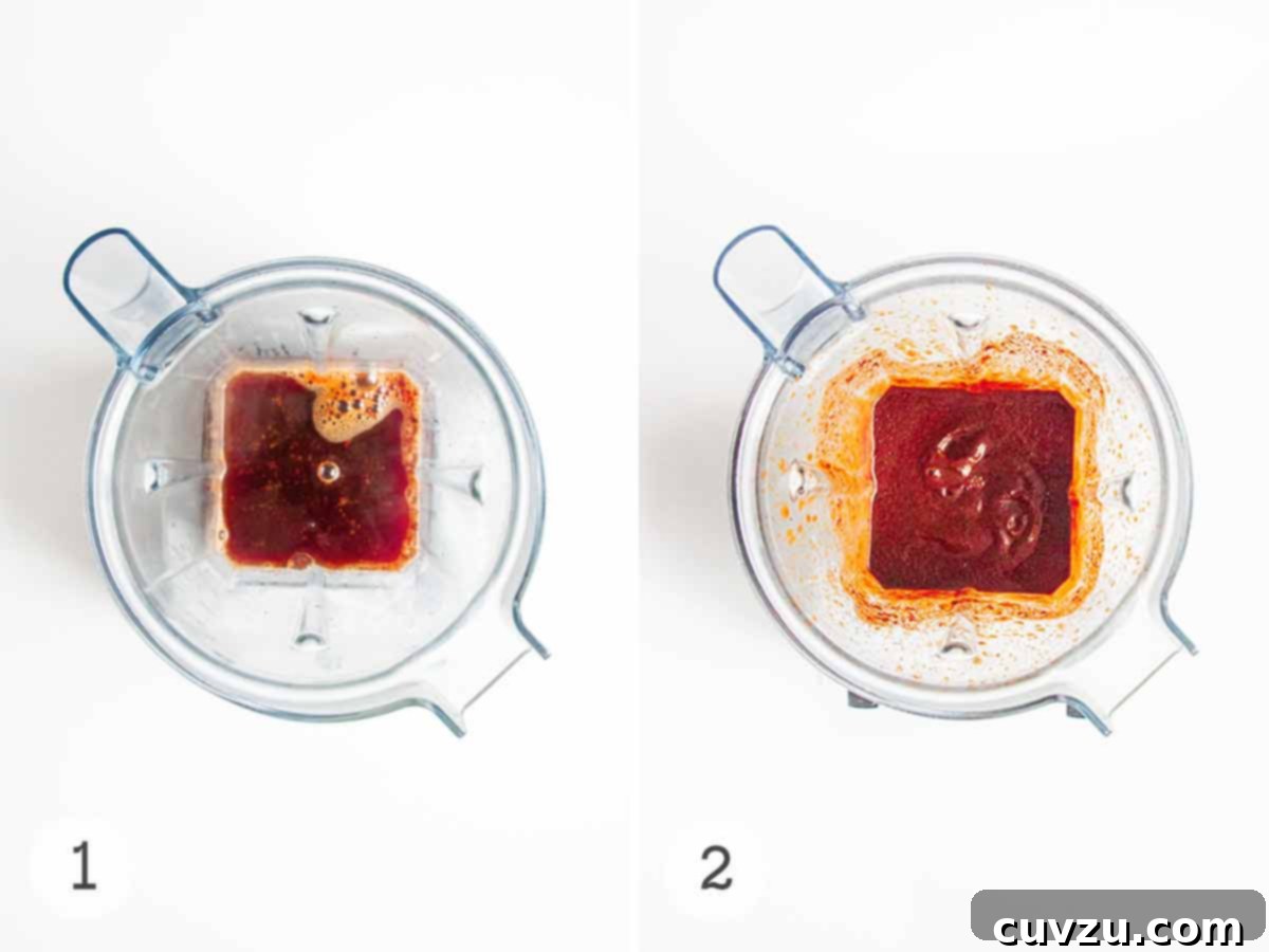Water and chili powder in a blender before and after being blended, showcasing the transformation into a smooth, vibrant slurry.