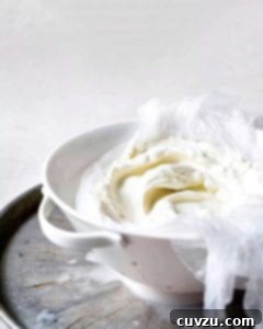 Homemade Yogurt Made Simple 3 A strainer filled with homemade yogurt with cheesecloth on top.
