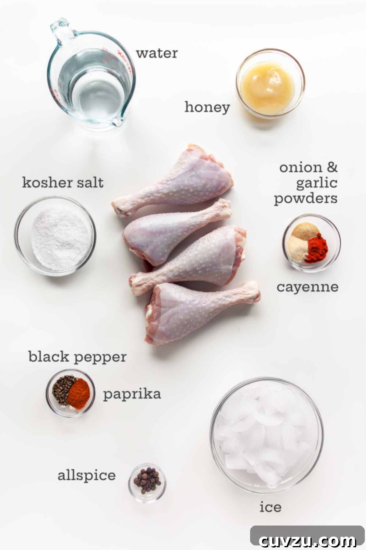 Savory Smoked Turkey Legs 4 Ingredients for smoked turkey legs -- turkey legs, water, honey, a selection of spices, and ice cubes on a rustic wooden surface.