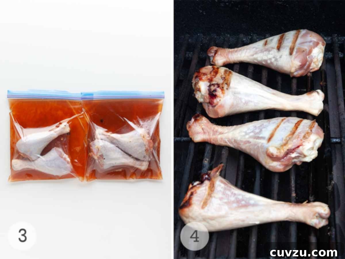 Savory Smoked Turkey Legs 6 Four turkey legs marinating in resealable bags in the refrigerator, and then four turkey legs actively smoking on a grill for the next step.