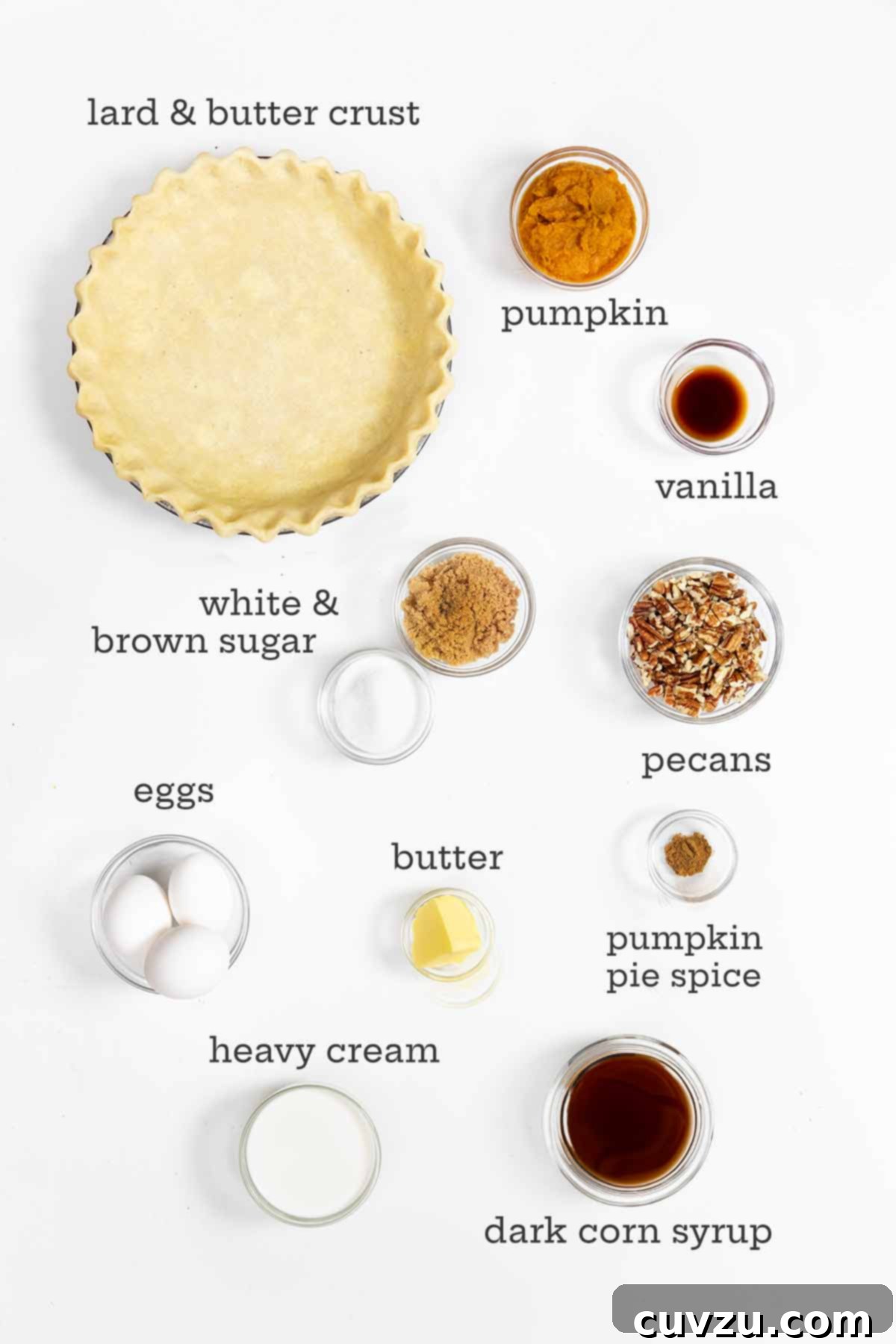 Autumn Spice Pumpkin Pecan Pie 4 A carefully arranged collection of ingredients for pumpkin pecan pie: pie crust, vibrant pumpkin puree, a bottle of vanilla extract, a pile of pecans, various sugars, eggs, cubes of butter, a small jug of cream, corn syrup, and a jar of pumpkin pie spice.