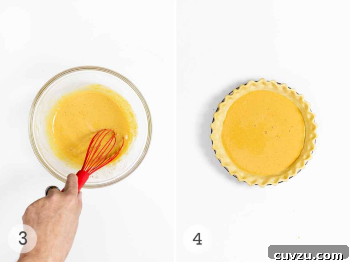 Autumn Spice Pumpkin Pecan Pie 6 A person expertly whisking the smooth pumpkin pie filling, and an unbaked pie shell thoughtfully filled with the vibrant pumpkin mixture, ready for its initial bake.