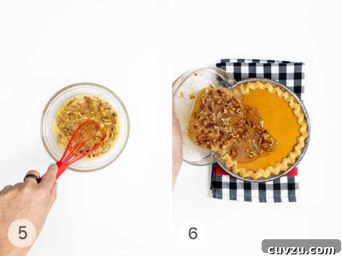 Autumn Spice Pumpkin Pecan Pie 7 A rich pecan topping for a pie being whisked together in a bowl, followed by a person gently adding this delicious pecan topping to a partially baked pumpkin pie, creating distinct layers.