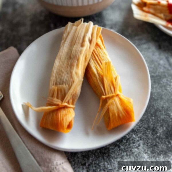 Fiery Red Chile Pork Tamales 10 Two red chile pork tamales on a white plate, highlighting the deliciousness of this authentic Mexican dish.