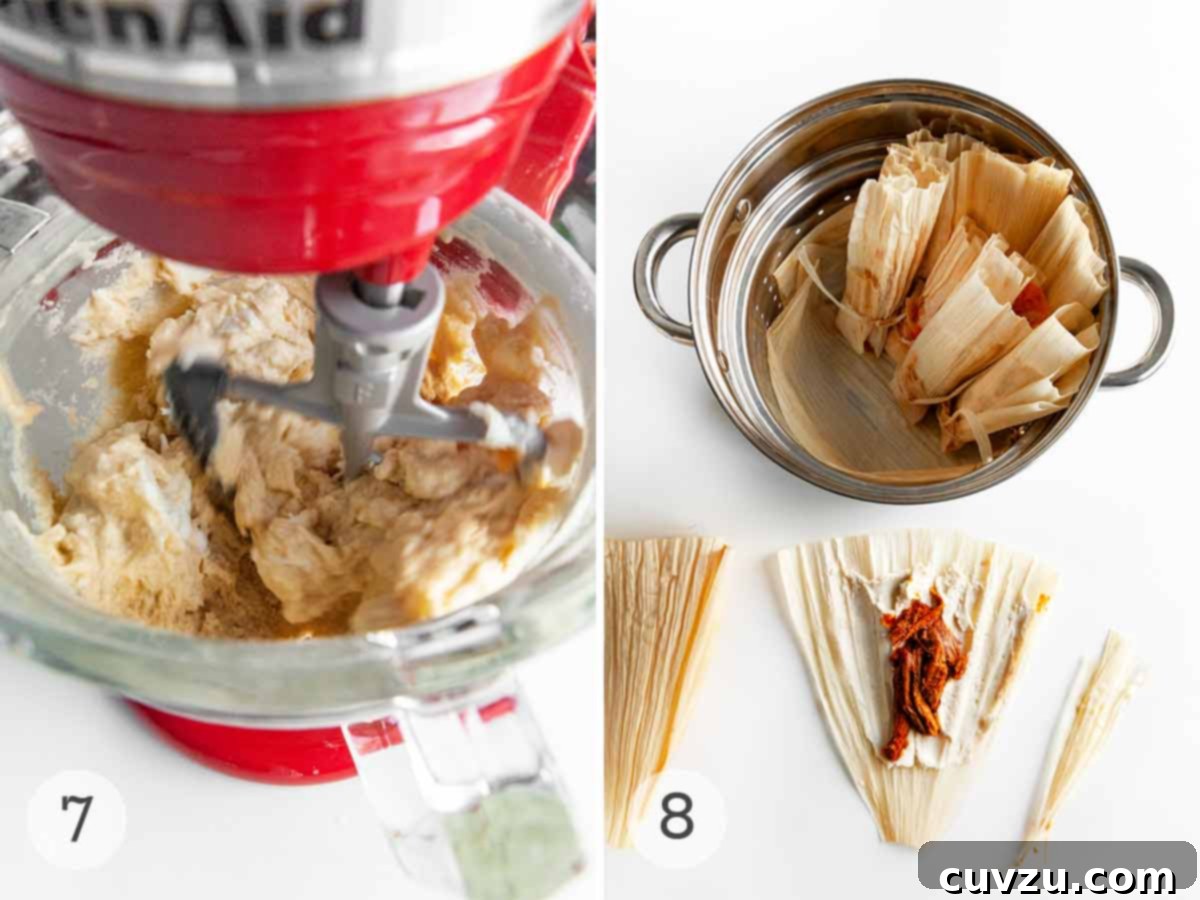 Fiery Red Chile Pork Tamales 8 Dough being mixed in a stand mixer and a pot of assembled tamales, demonstrating the masa preparation and final steaming.