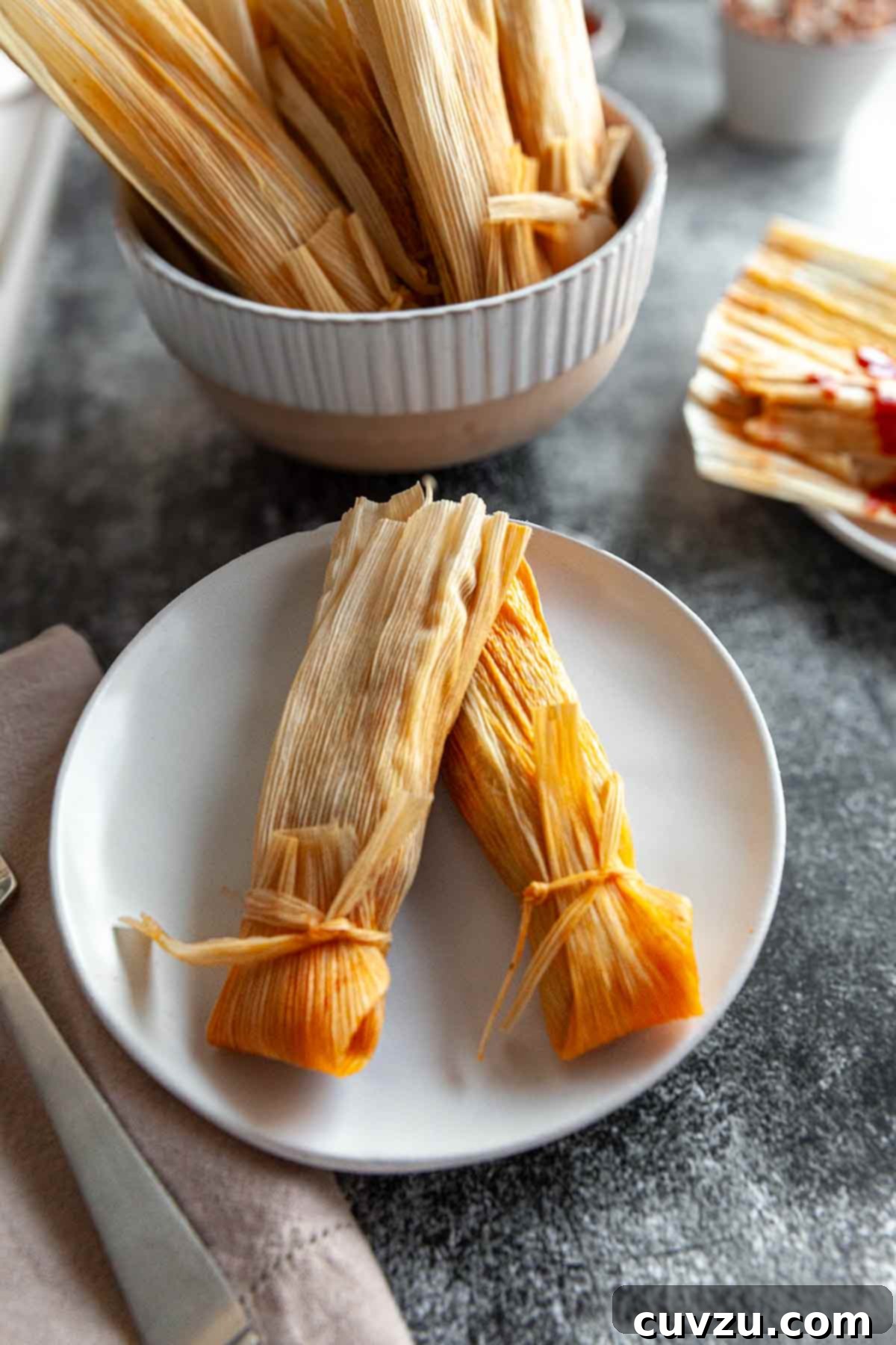 Fiery Red Chile Pork Tamales 9 Two tamales on a white plate with a bowl of tamales in the background, ready to be enjoyed.