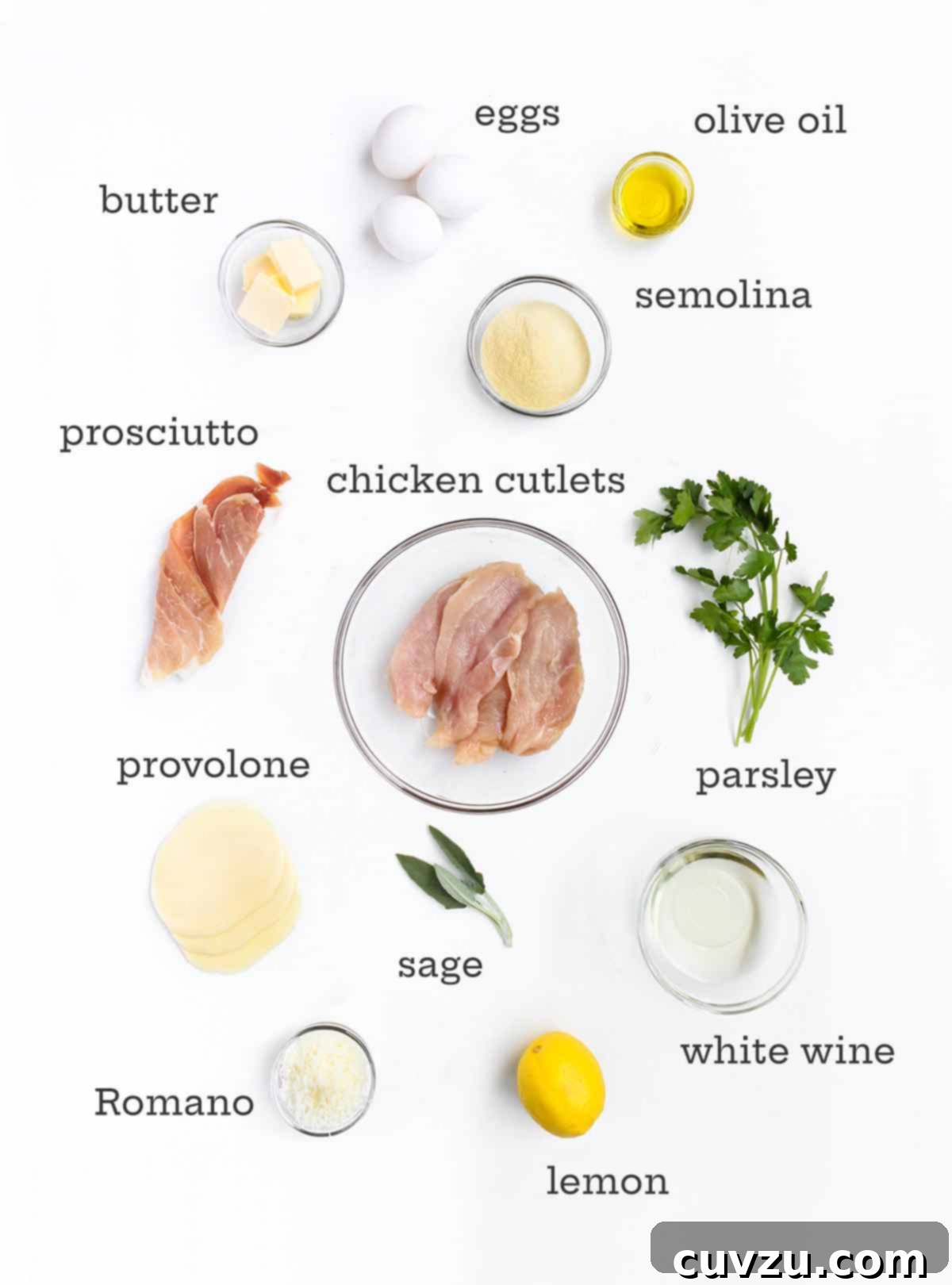 Prosciutto & Sage Chicken Saltimbocca 4 A curated display of fresh ingredients for chicken saltimbocca, including raw chicken breasts, eggs, a block of provolone cheese, a bundle of fresh sage, olive oil, a bottle of white wine, butter, and thinly sliced prosciutto.