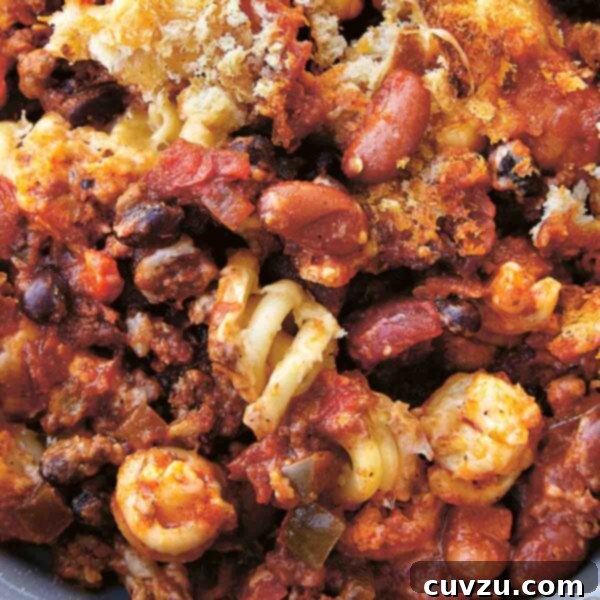 Chili Mac and Cheese, with a crispy, cheesy top layer and rich chili beneath.