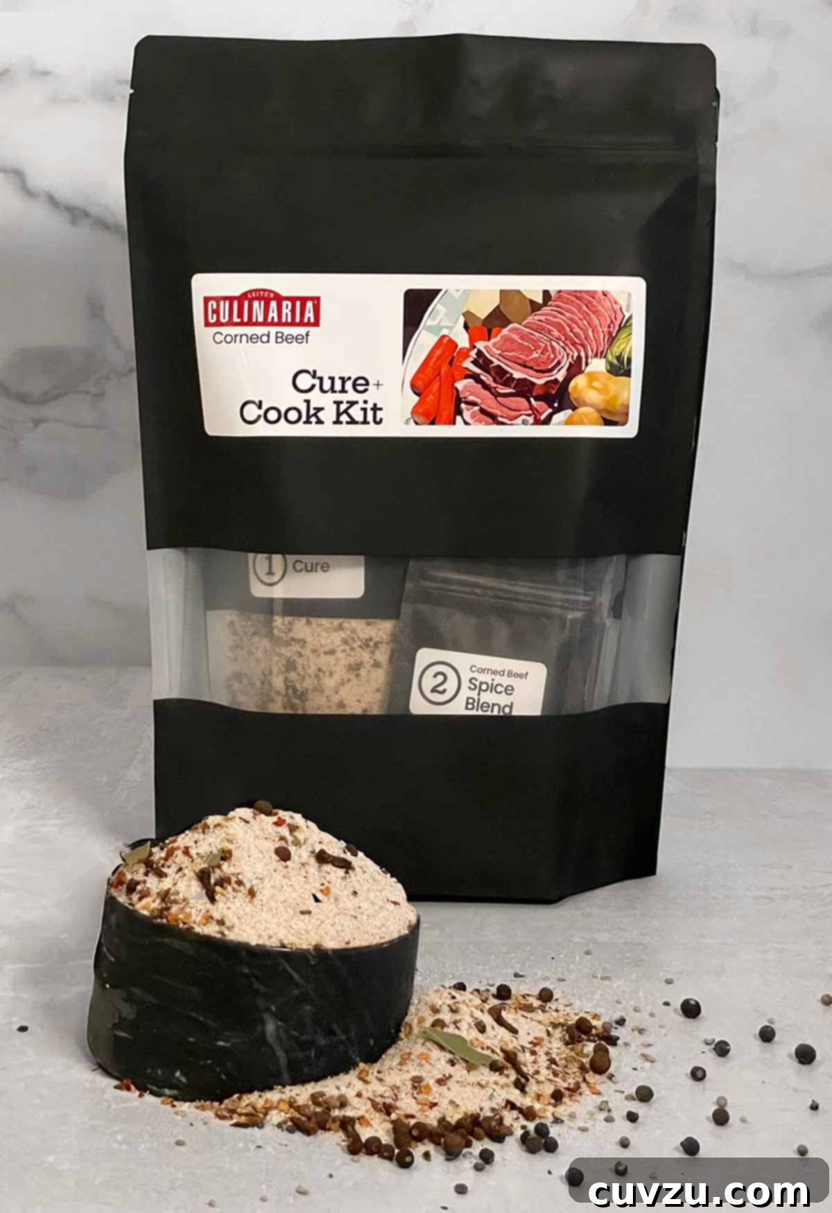 Savory Corned Beef Stuffed Potato Shells 3 A sleek black pouch of Leite's Culinaria Corned Beef Cure and Cook Kit, elegantly designed with a minimalist aesthetic, featuring a white spice spoon.