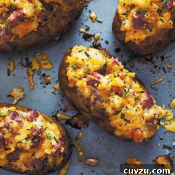 Four twice-baked potatoes with corned beef on a baking sheet, garnished with fresh chives.