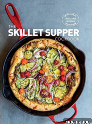 The Skillet Supper Cookbook cover, a vibrant image with delicious recipes.
