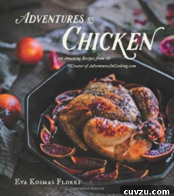 Adventures in Chicken Cookbook cover, featuring an inviting image of a chicken dish with a vibrant, rustic aesthetic.