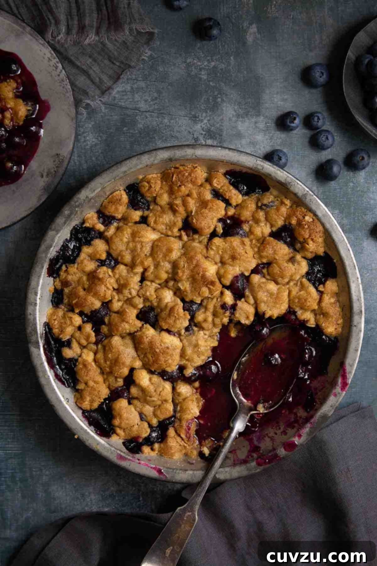 Homemade Blueberry Pie Perfection 3 A full pan of baked blueberry crumble with a serving spoon inside.