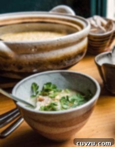 A close-up of Vietnamese chicken rice soup in a bowl.