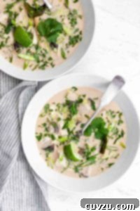 Two bowls of Thai-inspired chicken soup with coconut milk and lemongrass on a striped napkin.