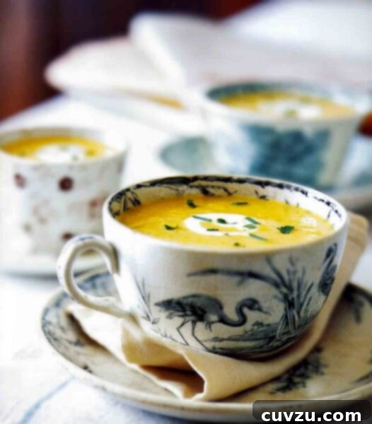 Pumpkin cider soup in a blue and white teacup, garnished with crème frâiche and chives.