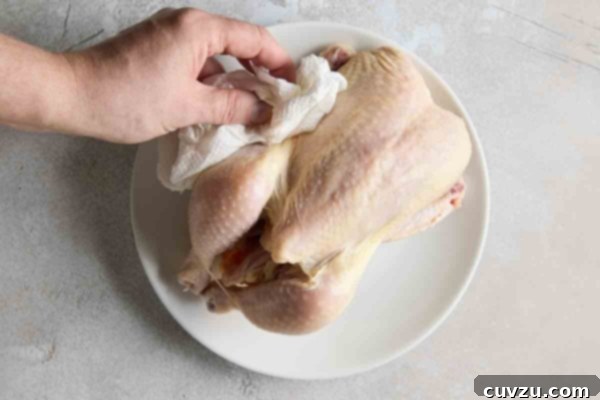 A person patting a whole chicken dry with paper towel.