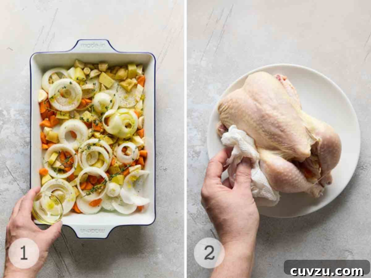 Classic French Roast Chicken 5 A two-part image showing the initial steps of making French roast chicken: first, a person drizzling olive oil over root vegetables and onion slices in a roasting pan; second, a person thoroughly patting a whole chicken dry with paper towels.