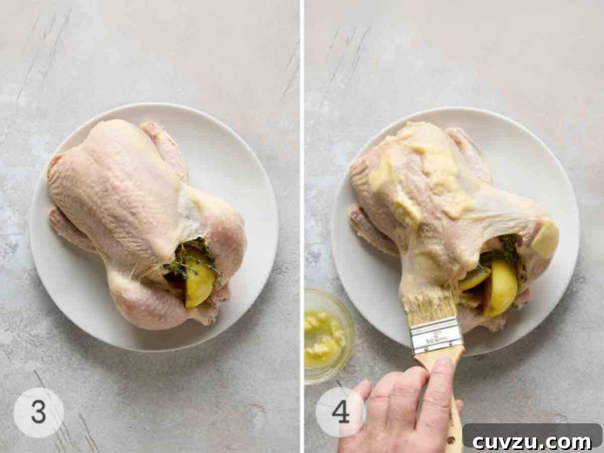 Classic French Roast Chicken 6 A two-part image illustrating key preparation steps for French roast chicken: first, a whole uncooked chicken stuffed with lemon wedges and fresh herbs; second, a person brushing the chicken's exterior with melted garlic butter.
