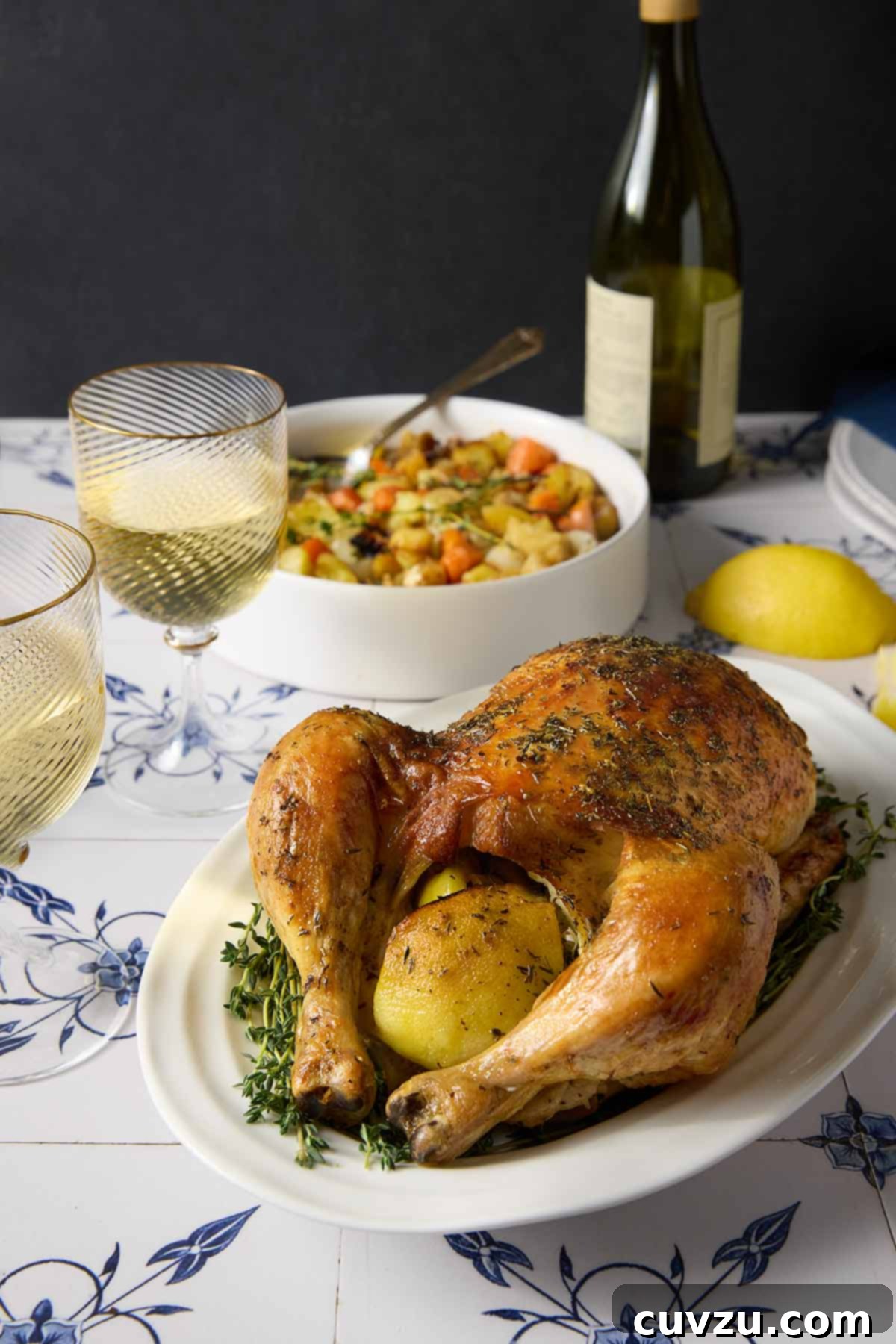Classic French Roast Chicken 8 A magnificent whole French roast chicken (Poulet Rôti) presented on a serving platter, accompanied by a separate bowl of exquisitely roasted root vegetables.