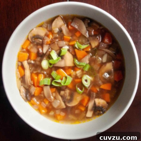 A rustic bowl filled with steaming mushroom barley soup, garnished with fresh parsley for a touch of green.