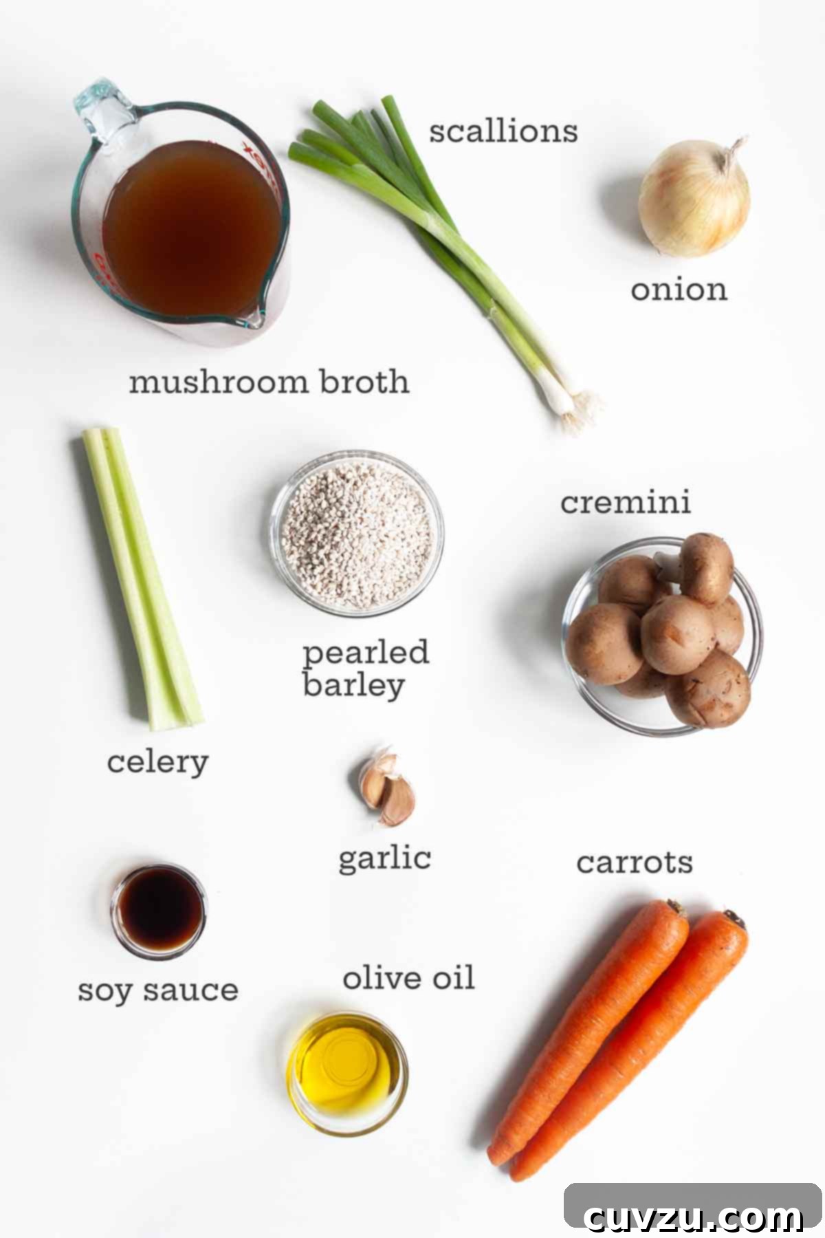 Earthy Mushroom Barley Comfort 4 Fresh, wholesome ingredients for mushroom barley soup: glistening pearled barley, a rich assortment of cremini mushrooms, vibrant diced onion, aromatic minced garlic, a bottle of soy sauce, crisp chopped celery, and bright sliced carrots, all artfully arranged beside a bottle of olive oil.