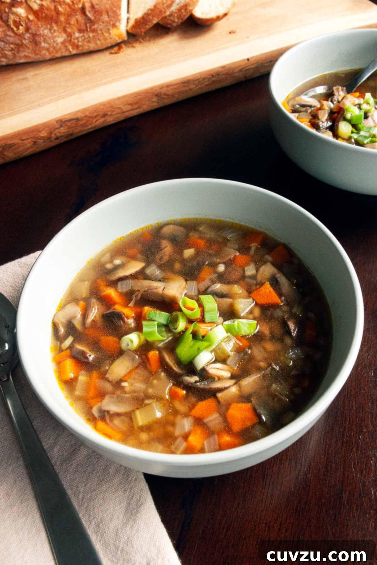 Earthy Mushroom Barley Comfort 8 Two cozy bowls of steaming mushroom barley soup, generously garnished with vibrant sliced scallions, elegantly placed on a rustic wooden table, inviting a comforting meal.