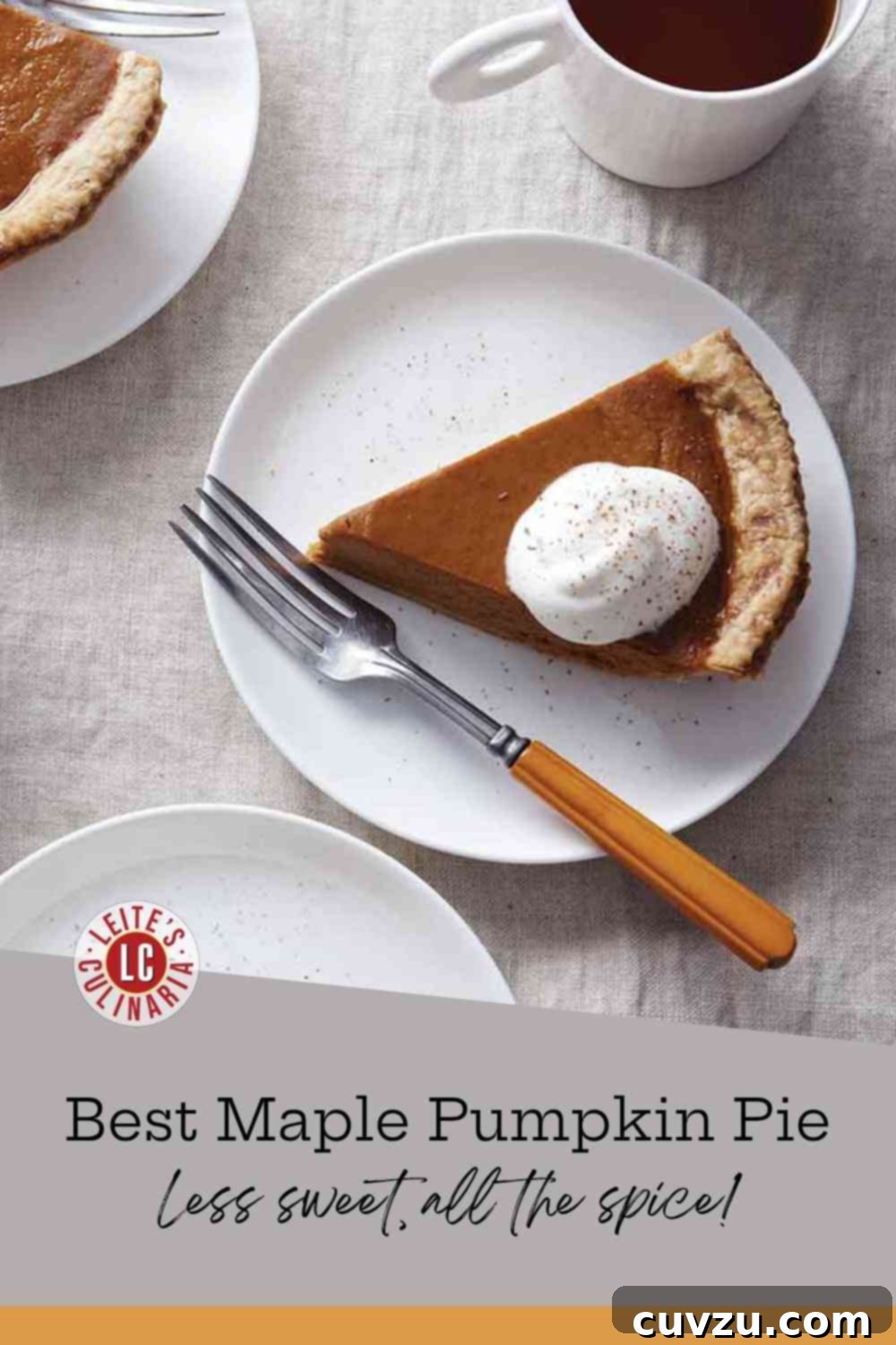 Golden Maple Pumpkin Perfection 3 A slice of maple pumpkin pie topped with a dollop of whipped cream and a sprinkle of grated nutmeg on a white plate.