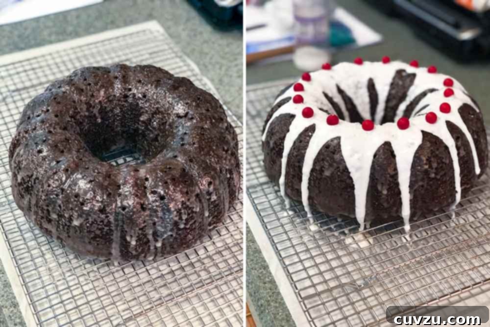 Gingerbread Crown Cake 7 Two photos: one of a gingerbread Bundt cake with a sugar glaze, the other with a dripping icing dotted with cranberries
