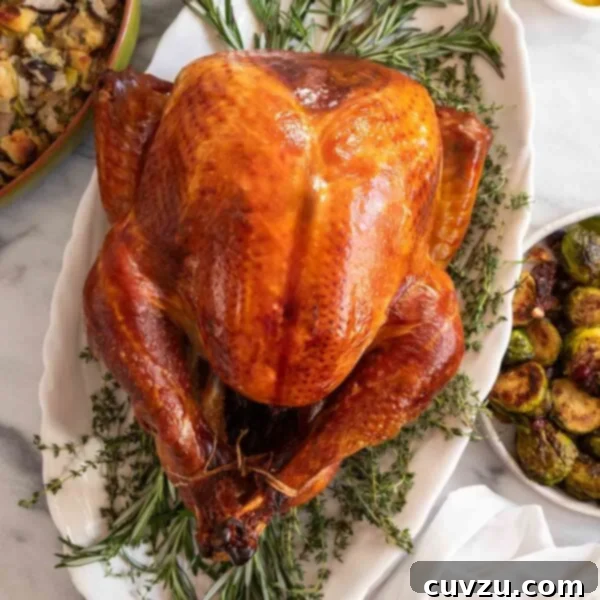 A whole roasted dry brined turkey on an oval platter on a bed of herbs with side dishes around it.