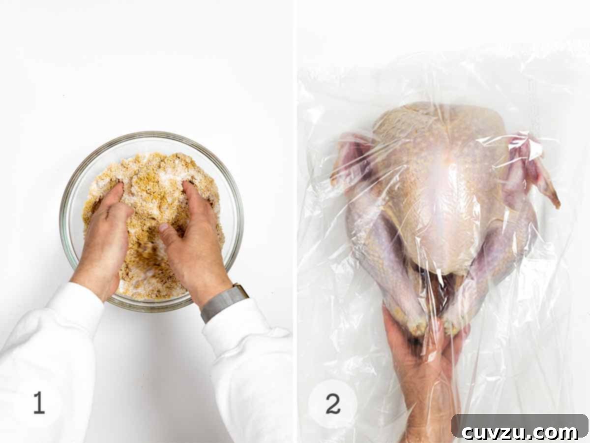 Flavorful Dry Brine Turkey 6 A person mixing sugar and salt in a bowl and a person placing a whole turkey in a plastic bag.